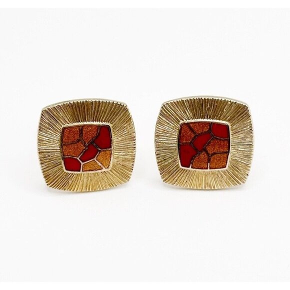 Vintage Cloisonne Style Red Gold Tone Cufflinks - Picture 2 of 3